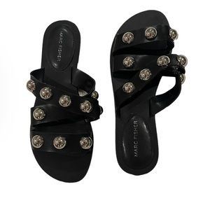 Marc Fisher flat slip on sandals blk leather with silver ball details